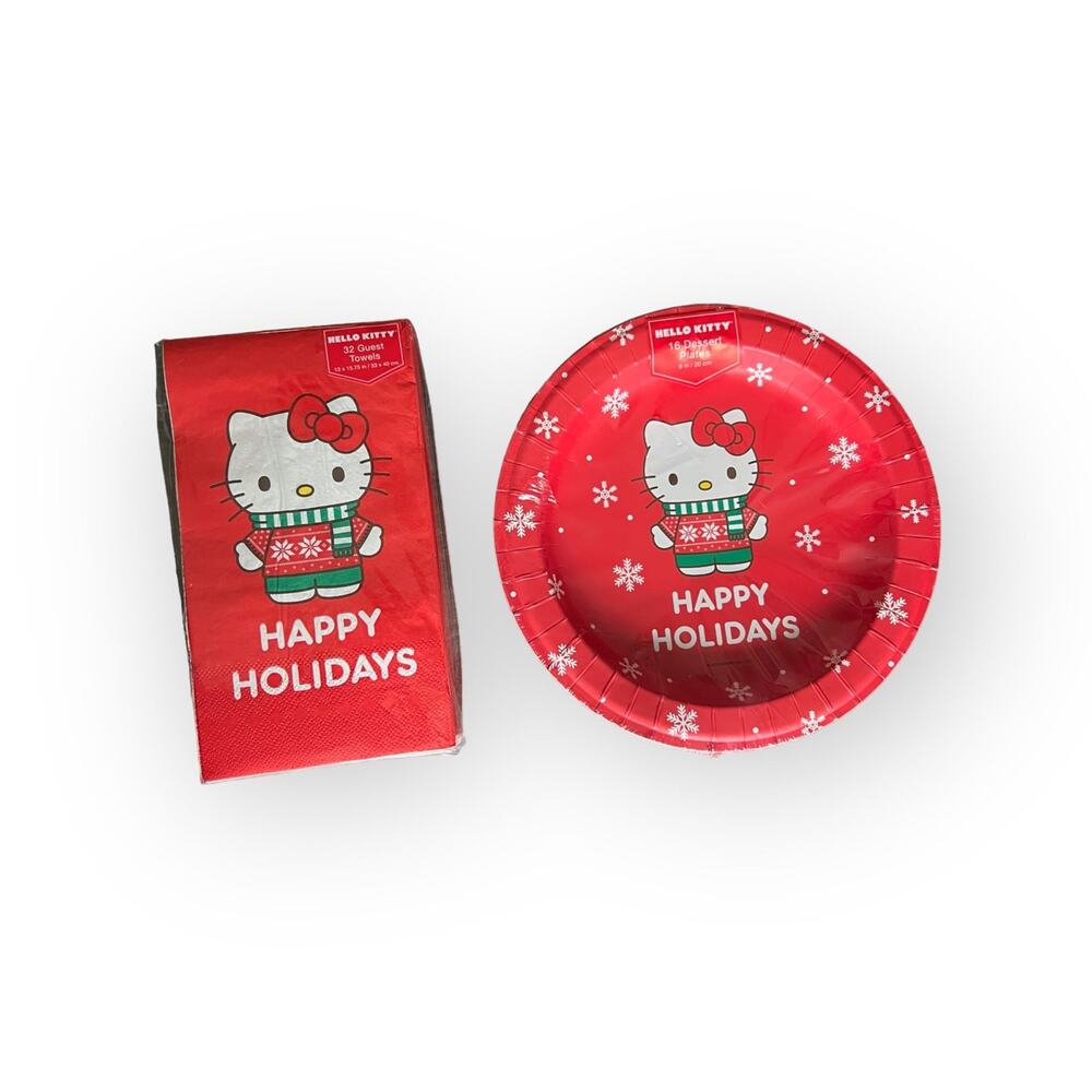 Hello kitty holiday christmas dessert plates and guest towels napkins set